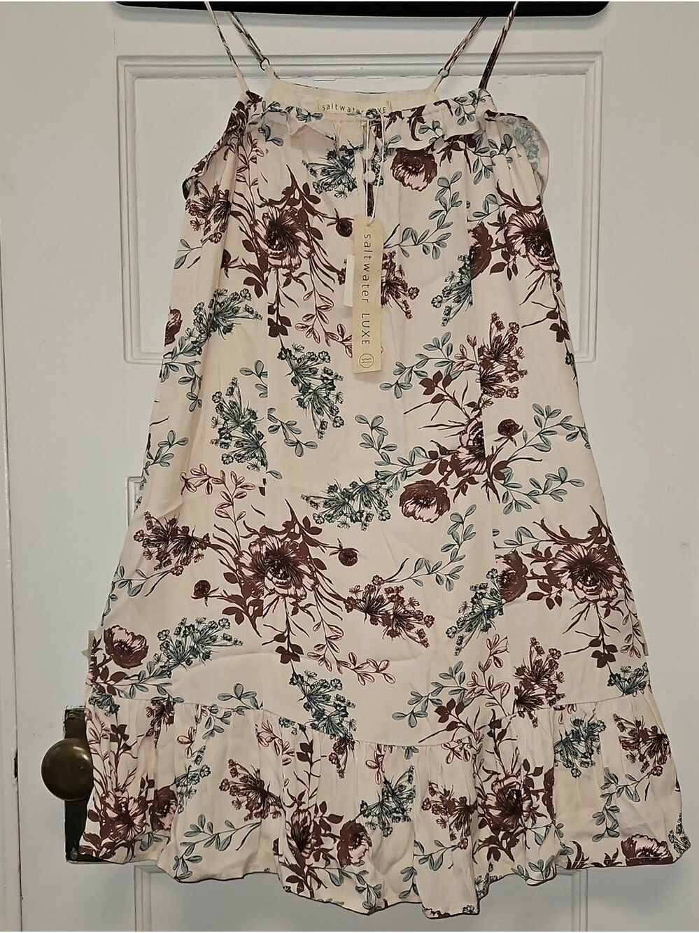 saltwater LUXE Cream Mini Sundress with Brown & Teal Floral Print - Picture 1 of 8